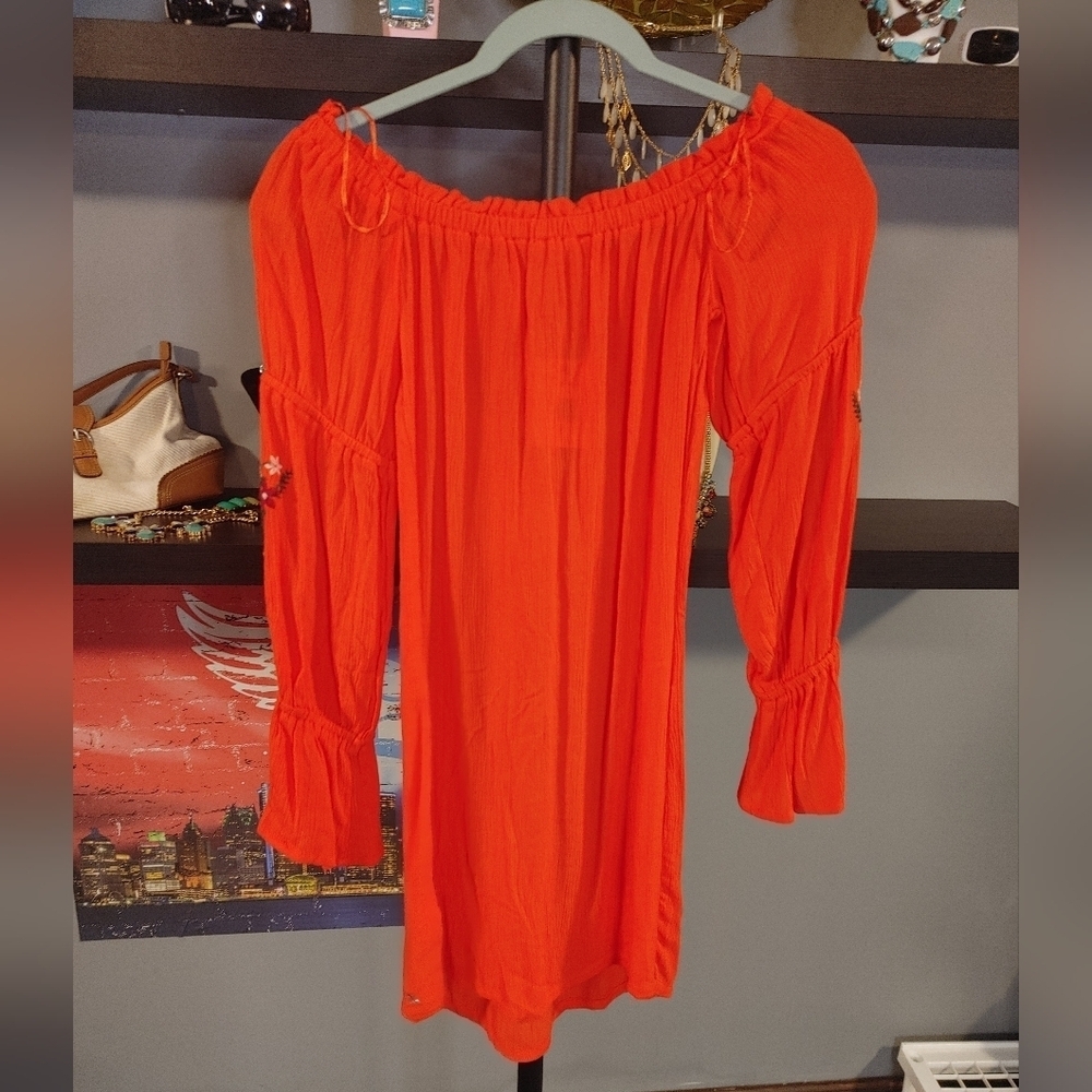GUESS Presley Off Shoulder Embroidered Dress XS Fiesta Orange Boho Floral NWT - Picture 4 of 8